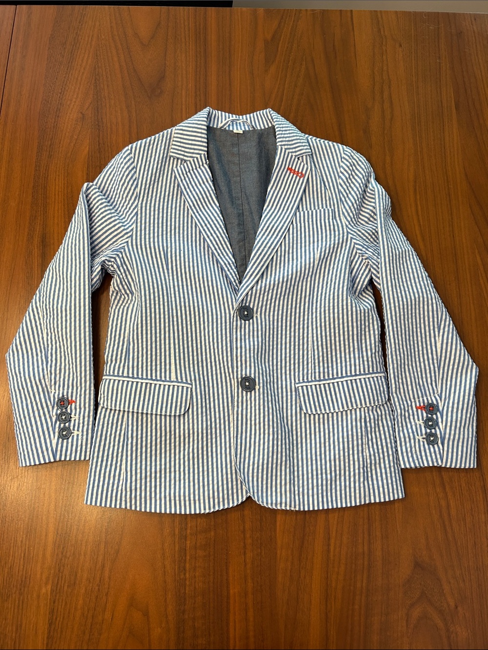 Boden Blue and White Seersucker-Striped Kids Blazer